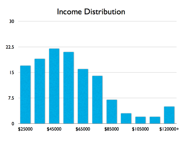A bar chart showing a distribution of incomes in vertical blue bars. The range is from $25,000 to $120,000, and the highest bar is at the $45,000 point.