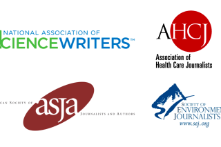 Collage of writer association logos, including the National Association of Science Writers, the Association of Health Care Journalists, and others.