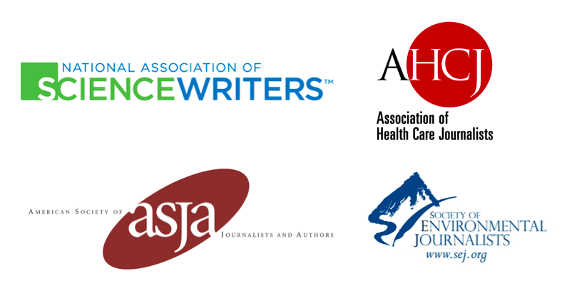 Collage of writer association logos, including the National Association of Science Writers, the Association of Health Care Journalists, and others.