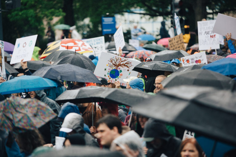 Overhead shot of a crowd at a protest, most people carrying protest signs and umbrellas.