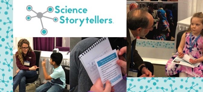 A poster with a collage of kids talking with scientists, and the logo of Science Storytellers.