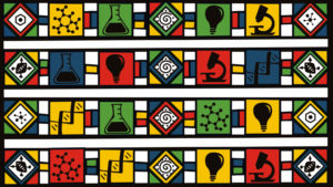 A colorful South African fabric pattern showing science-inspired drawings in red, blue, green, yellow, and black.