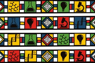 A colorful South African fabric pattern showing science-inspired drawings in red, blue, green, yellow, and black.