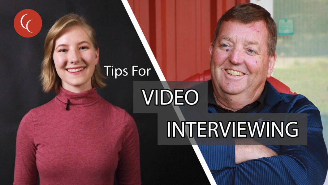 A composite image showing Madison Pobis (left) and Scott Severson (right). Text in the middle reads: Tips for Video Interviewing.