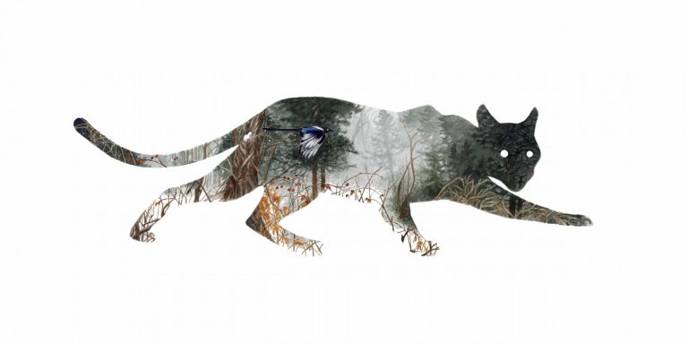 Watercolor painting of a cougar walking, looking toward the viewer. The outline of the animal is filled with forest imagery: trees, brush, berries, and a vibrant blue bird.