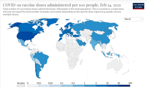 A world map, with different countries shaded to reflect vaccination rates as of February 14, 2021.
