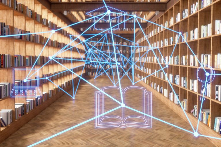 A long row of library shelves with a network of light blue lines superimposed on the scene, connecting the books.