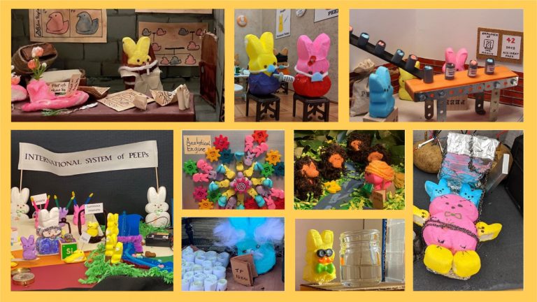 A collage of photos of dioramas made of Peeps candies.