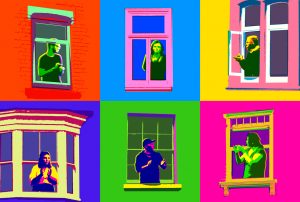 People looking thorugh windows in a colorful pop-art style illustration.