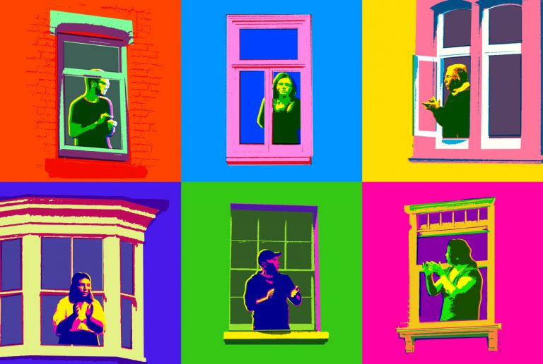 People looking thorugh windows in a colorful pop-art style illustration.