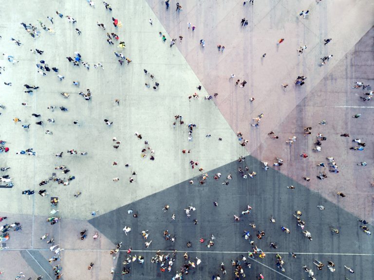 High-angle view of people on a street.