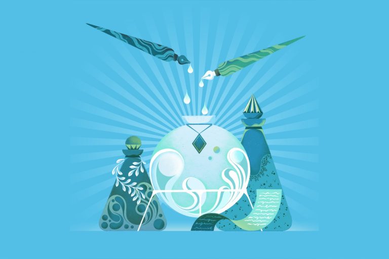 An illustration of two writing pens dripping white ink onto a circular container surrounded by two erlenmeyer flasks and what looks like a parchment.