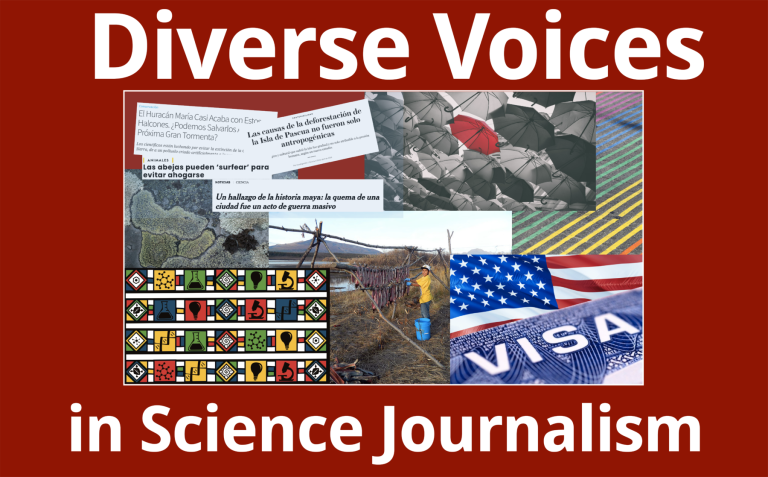 Image that reads: "Diverse Voices in Science Journalism." In the middle there is a collage of images showing headlines, and other elements.
