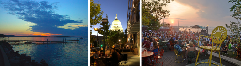 A collage of three photographs, one shows a beach at dusk, one shows street at dark, and one shows a crowd of people sitting on tables near a beach.