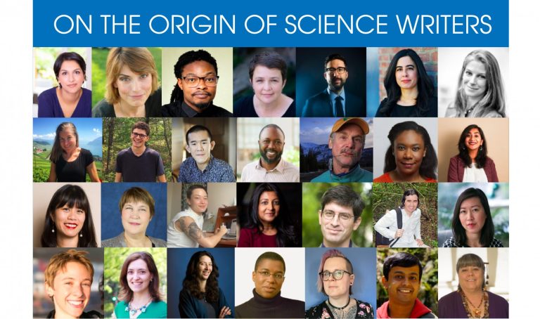 Collage of 27 headshots under the heading "On the Origin of Science Writers"
