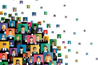 Illustration of dozens of people's faces, arranged as tiles on multicolored backgrounds. On the right hand side of the image, people are more distributed in space, thus more differentiated.
