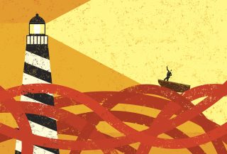 Illustration of a small boat on a tumultuous red sea being guided by a lighthouse.