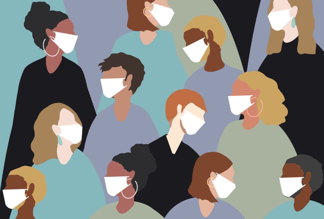 Illustration of about a dozen people wearing white face masks, looking in different directions.