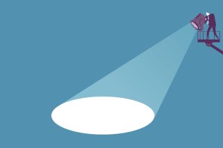 An illustration of a person shining a white spotlight against a blue background.