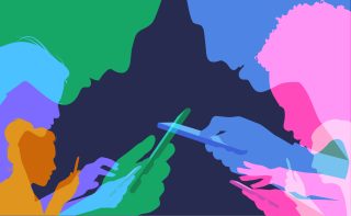 Colorful overlapping silhouettes of mobile phone users.