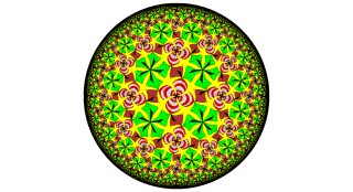 A spherical design containing black, red, yellow, and green kaleidoscopic patterns.