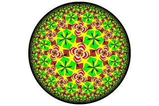 A spherical design containing black, red, yellow, and green kaleidoscopic patterns.