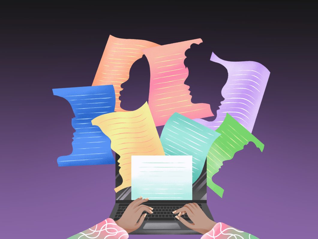 A colorful image of pages emerging from a laptop, with the edge of each page a human silhouette.