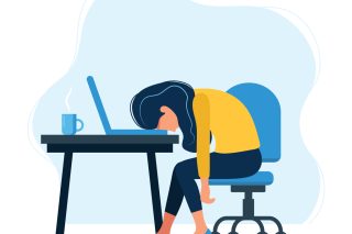 An illustration of a person sitting at a desk, forehead resting on the computer keyboard, arms dangling.