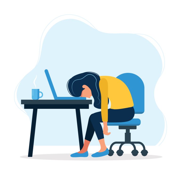 An illustration of a person sitting at a desk, forehead resting on the computer keyboard, arms dangling.