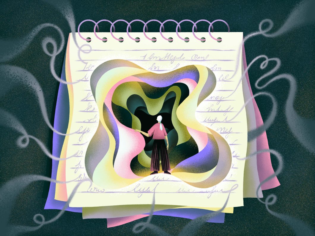 Stylized illustration of a person standing amid a concentric arrangement of swirling lines superimposed on a spiral notebook page, with unreadable handwriting on the page. 