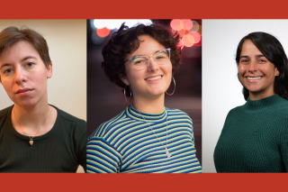 A red background with headshots of Kate Fishman, Emma Gometz, and Claudia Lopez-Lloreda from left to right