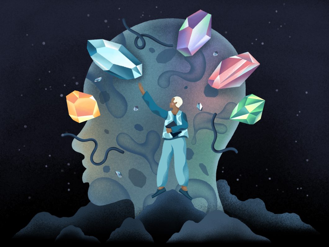 A figure stands on a cloudy peak reaching toward one of five colored gems that frame the periphery of a person's head, as if to represent ideas in their head.