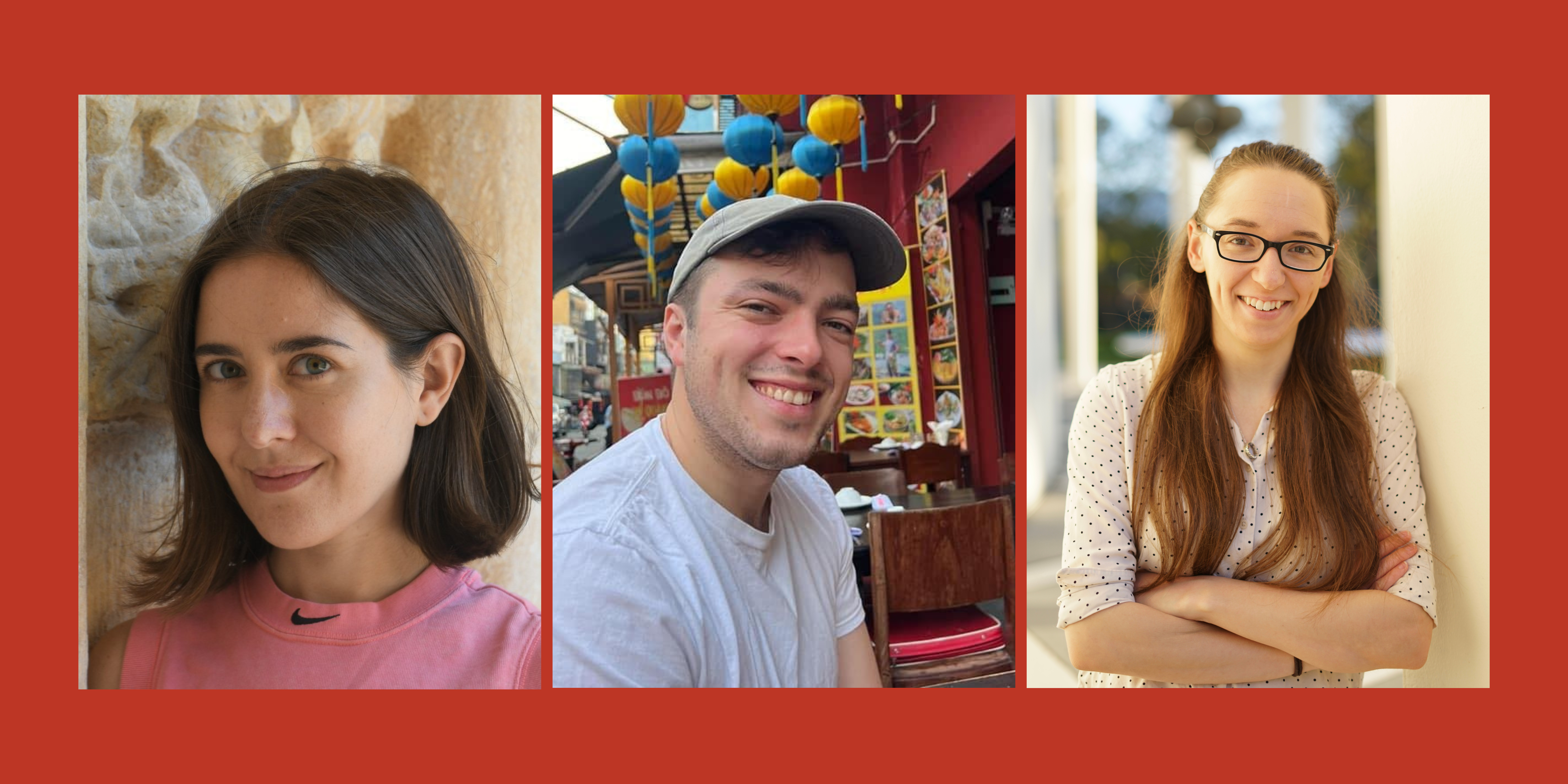 A red background with headshots of Lucila Pinto, William von Herff, and Skyler Ware from left to right