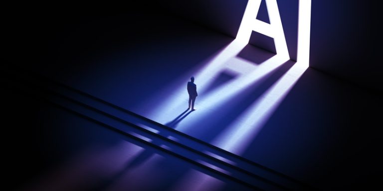 An illustration of a person standing in a large dark room looking at the giant, lit-up letters "AI."