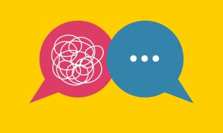 Two speech bubbles, one full of a tangle of string and the other with three simple dots.