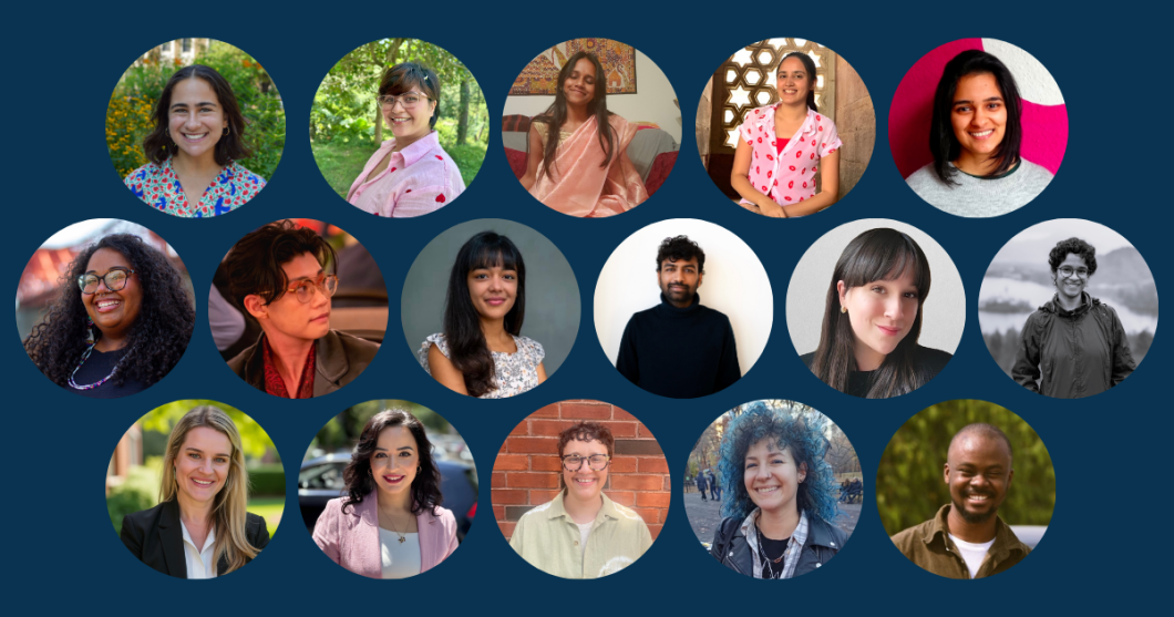 Headshots of 16 individuals above a banner that says Sharon Dunwoody Science Journalism Mentoring Program | Fall 2025 Cohort.