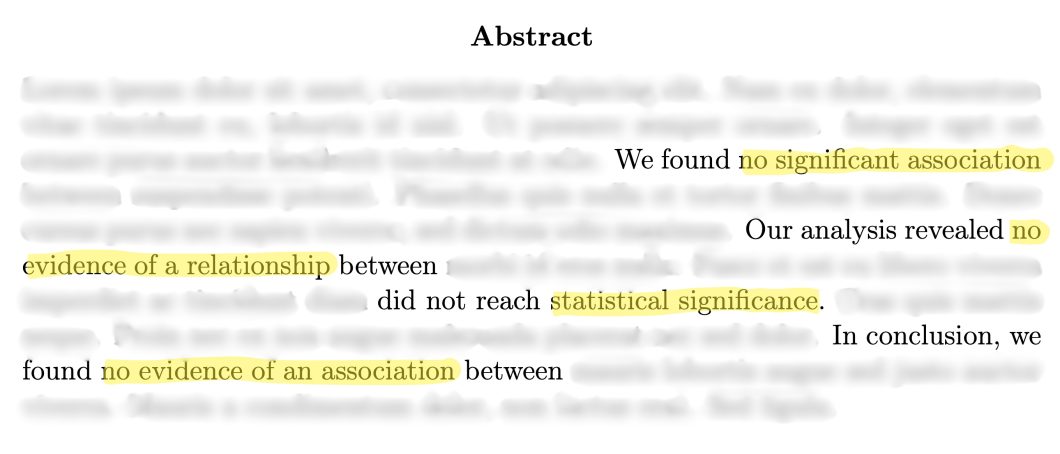 Imagen de un resumen falso de un artículo científico con la mayoría de las palabras borrosas, excepto algunas frases como "No encontramos asociación significativa" y "no alcanzó significación estadística".