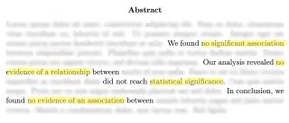 Image of a fake abstract from a scientific paper with most words blurred except for a few phrases such as "We found no significant association," and "did not reach statistical significance."