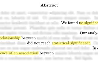 Image of a fake abstract from a scientific paper with most words blurred except for a few phrases such as "We found no significant association," and "did not reach statistical significance."