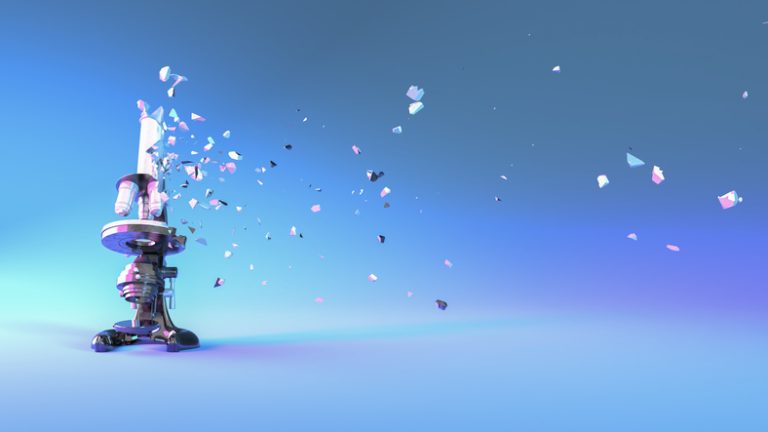A 3D illustration of a microscope in neon light collapsing into small parts.