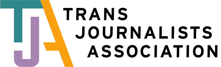 Logo for the Trans Journalists Association with the letters T, J, and A interlocking.