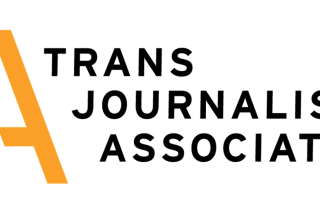 Logo for the Trans Journalists Association with the letters T, J, and A interlocking.