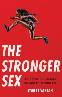 The cover of The Stronger Sex is solid red, the title is in large, white font, and there is an image of a woman hurdling at the top. 