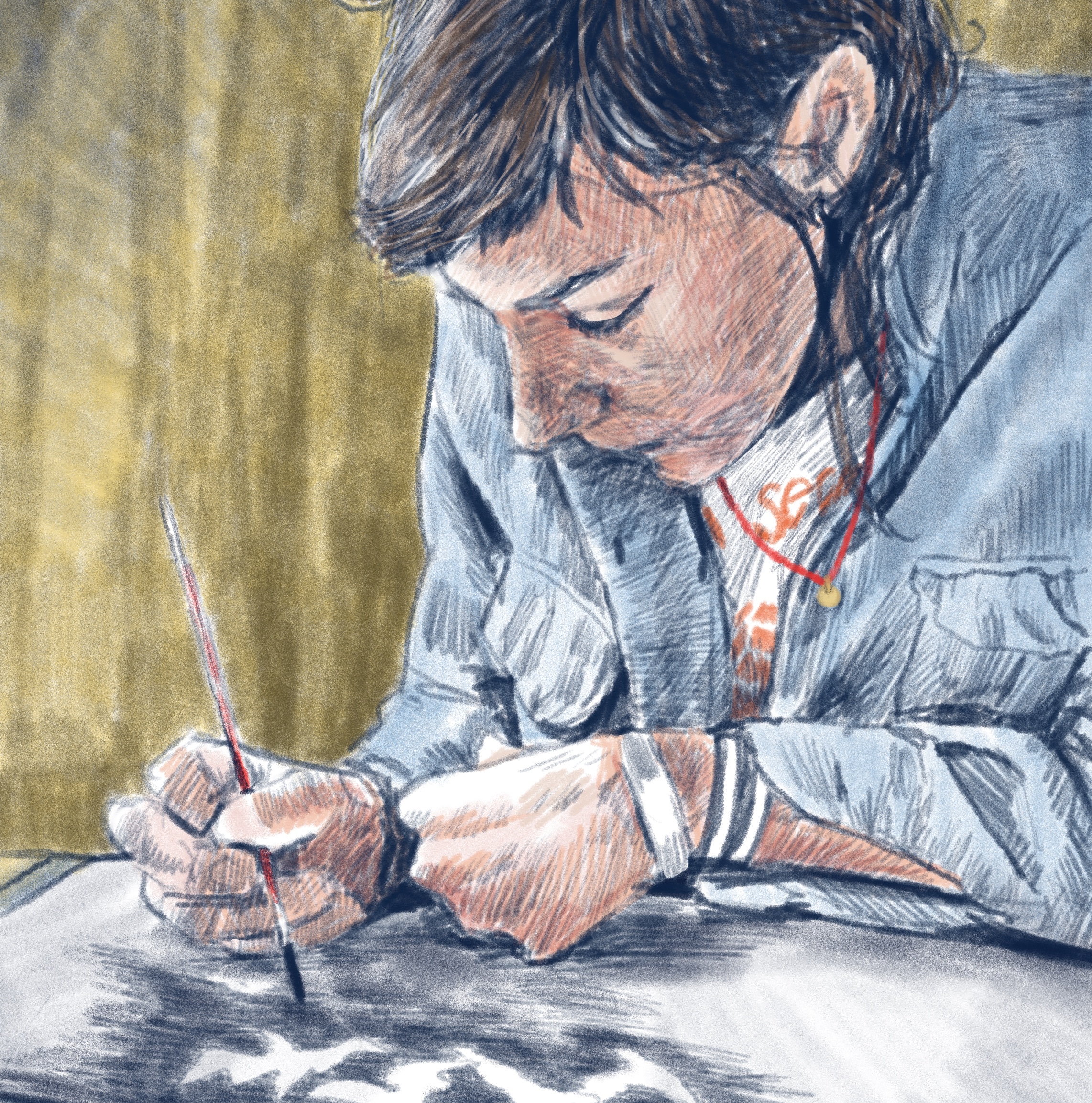 Painting of Sarah Gilman painting a piece of artwork