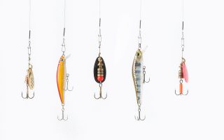 Five colorful fish hooks on a white background.