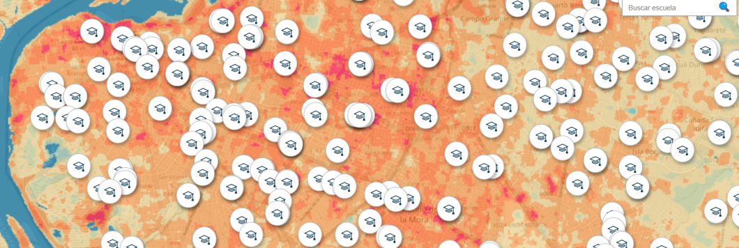 A heat map displaying schools in Paraguay that overlap with heat islands