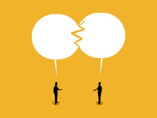 A cartoon image in which two figure face one another as if having a conversation. Each has a speech bubble above them and there is a fracture line where they intersect.