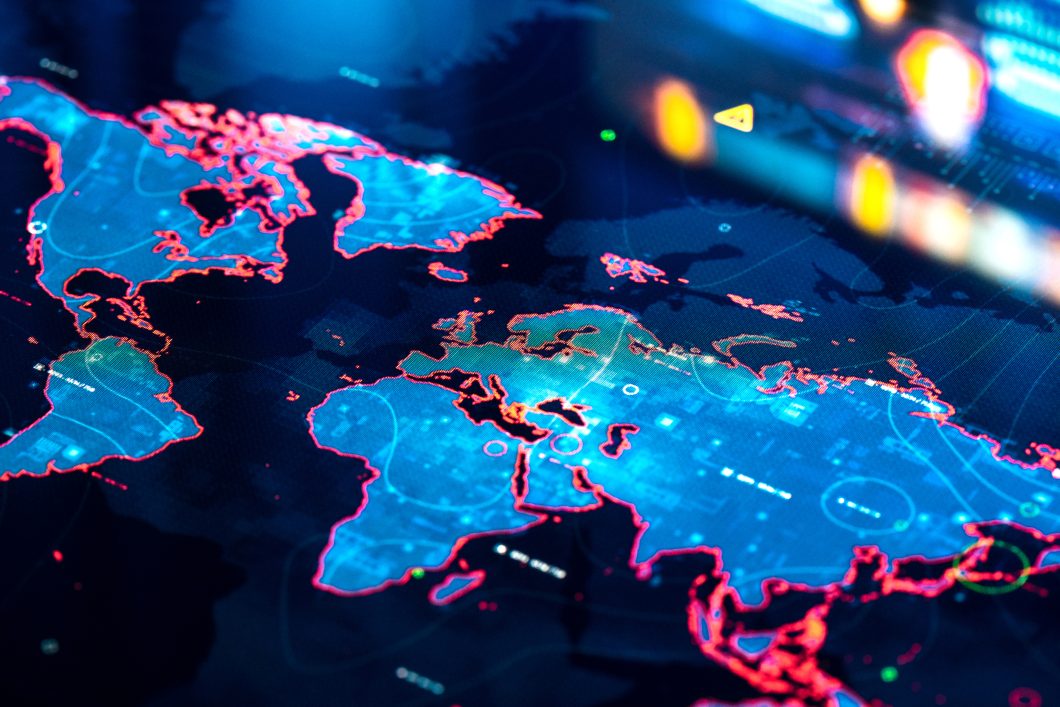 Image of a world map on a digital pixelated display.
