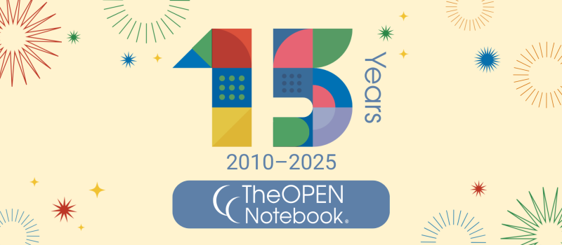 Graphic displaying: 15 Years (2010-2025). The Open Notebook.